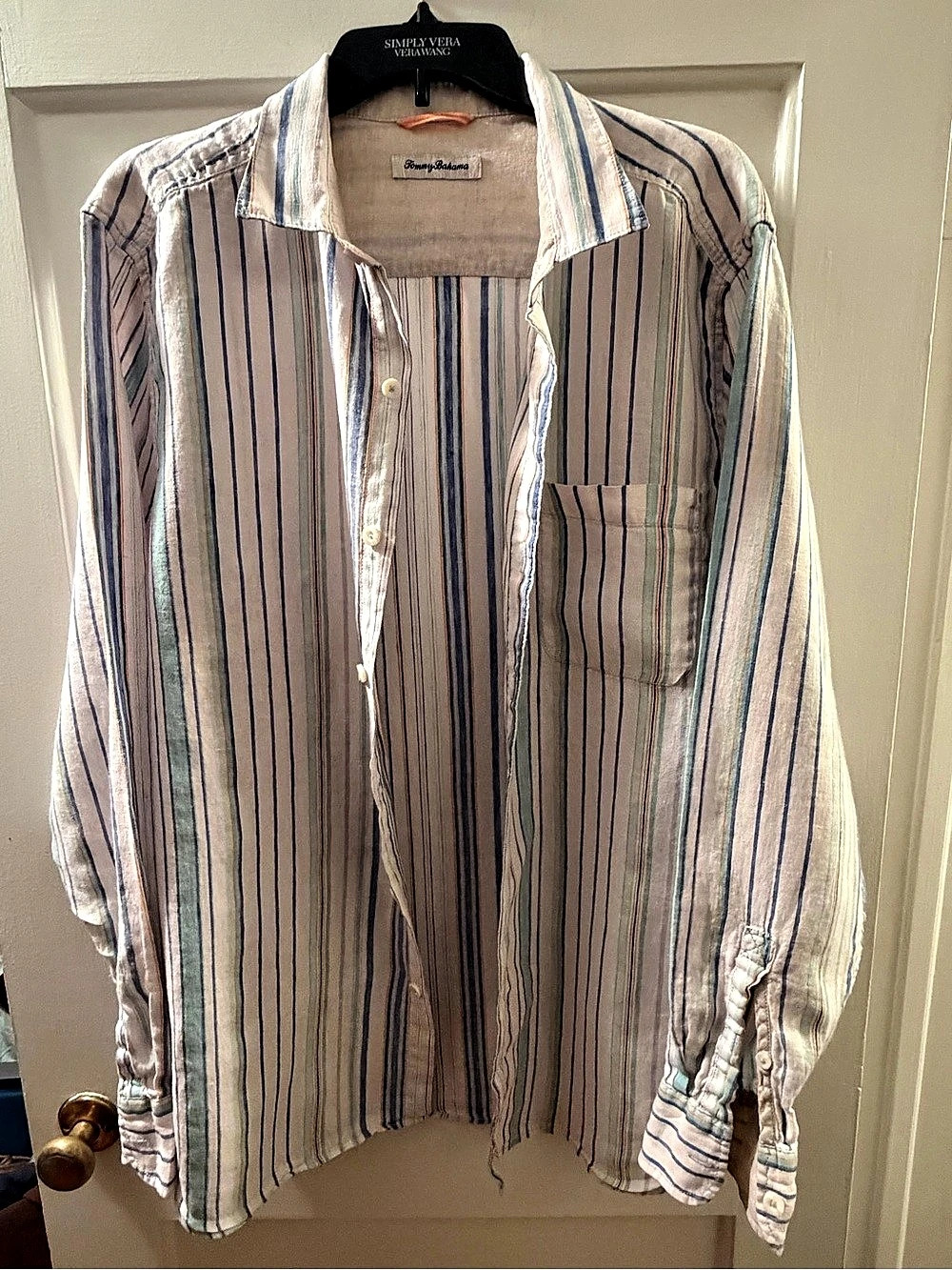 Tommy Bahama Striped Linen Button Down Shirt in White & Blue